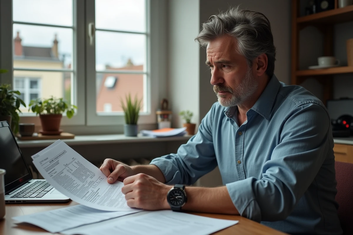 Homme d age examinant des documents dans une cuisine urbaine