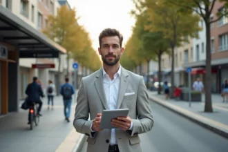 Homme en blazer avec tablette près d'une gare parisienne