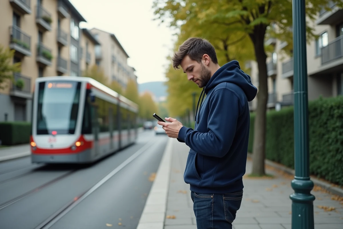 Homme attendant le tramway dans le quartier Île Verte de Grenoble, symbole d'un mode de vie sans voiture