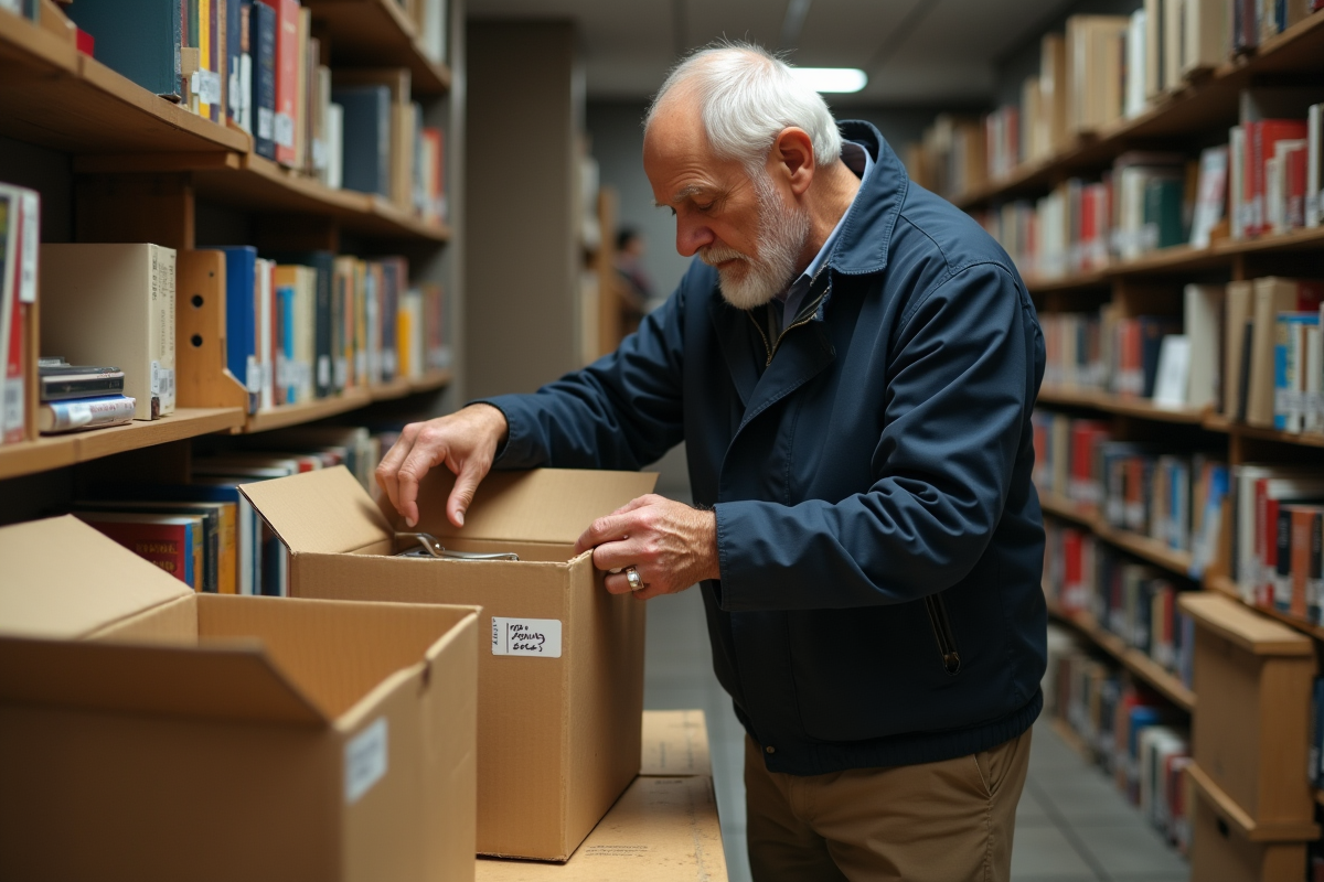 Homme âgé triant des cartons dans une librairie chaleureuse