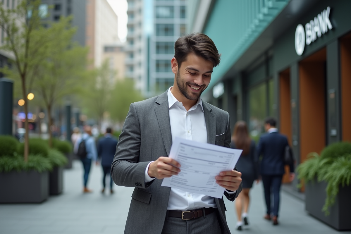 Jeune homme lisant un relevé financier en ville