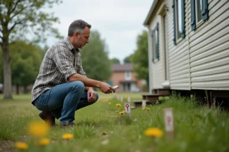 Homme vérifiant les bornes sur un terrain privé rural