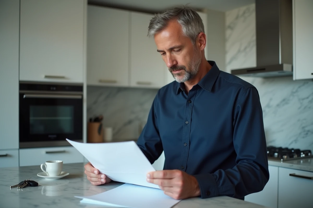 Homme relisant une lettre type d'annulation de préavis locatif dans une cuisine moderne