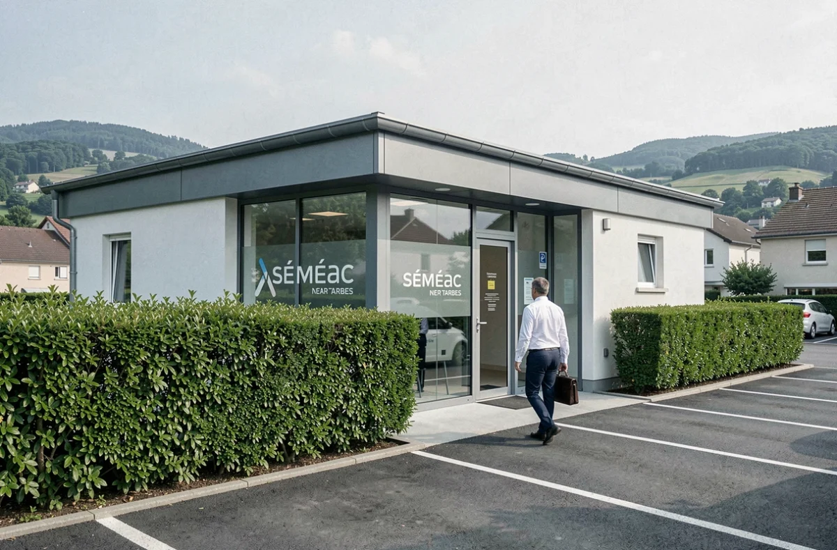 Bâtiment contemporain de l'agence Human Immobilier à Séméac avec un agent se dirigeant vers l'entrée