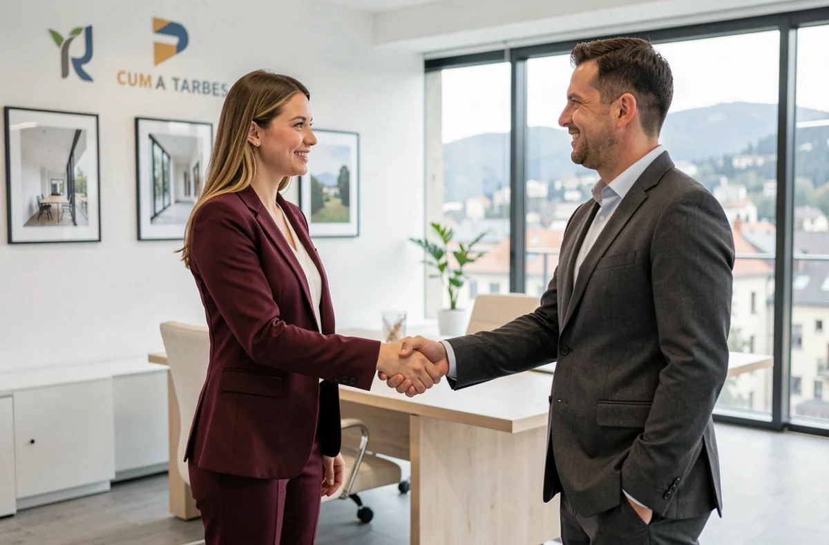 Agente de Human Immobilier Tarbes serrant la main d'un couple de clients dans un bureau moderne et lumineux