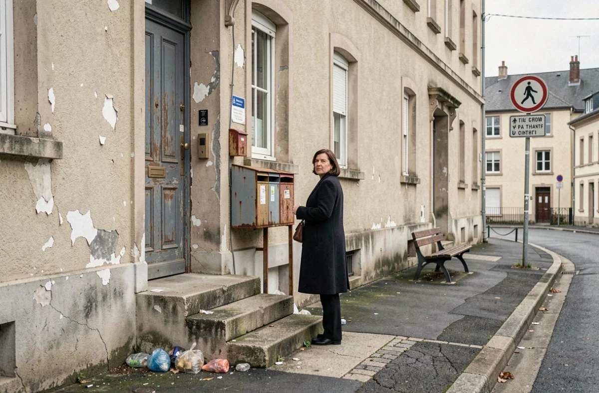 Immeuble résidentiel dégradé dans un quartier sensible de Besançon avec femme méfiante à l'entrée