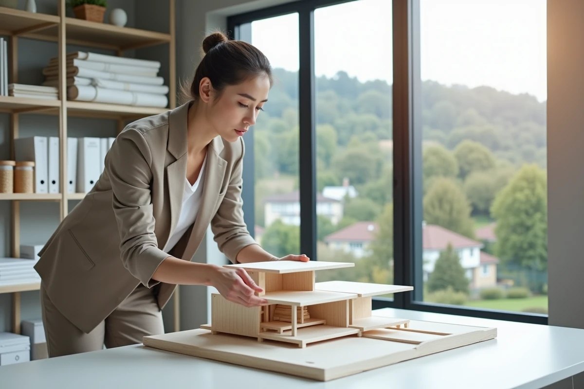 Jeune ingénieure examinant un modele de maison
