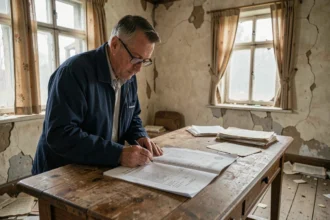 Inspecteur immobilier examinant un document cadastral dans une maison abandonnée en ruine