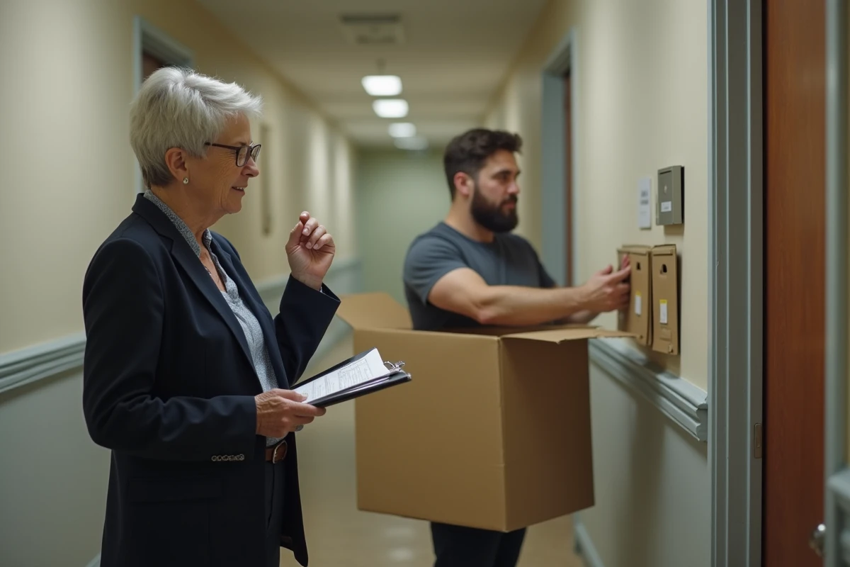 Femme en costume observe jeune homme avec handicap