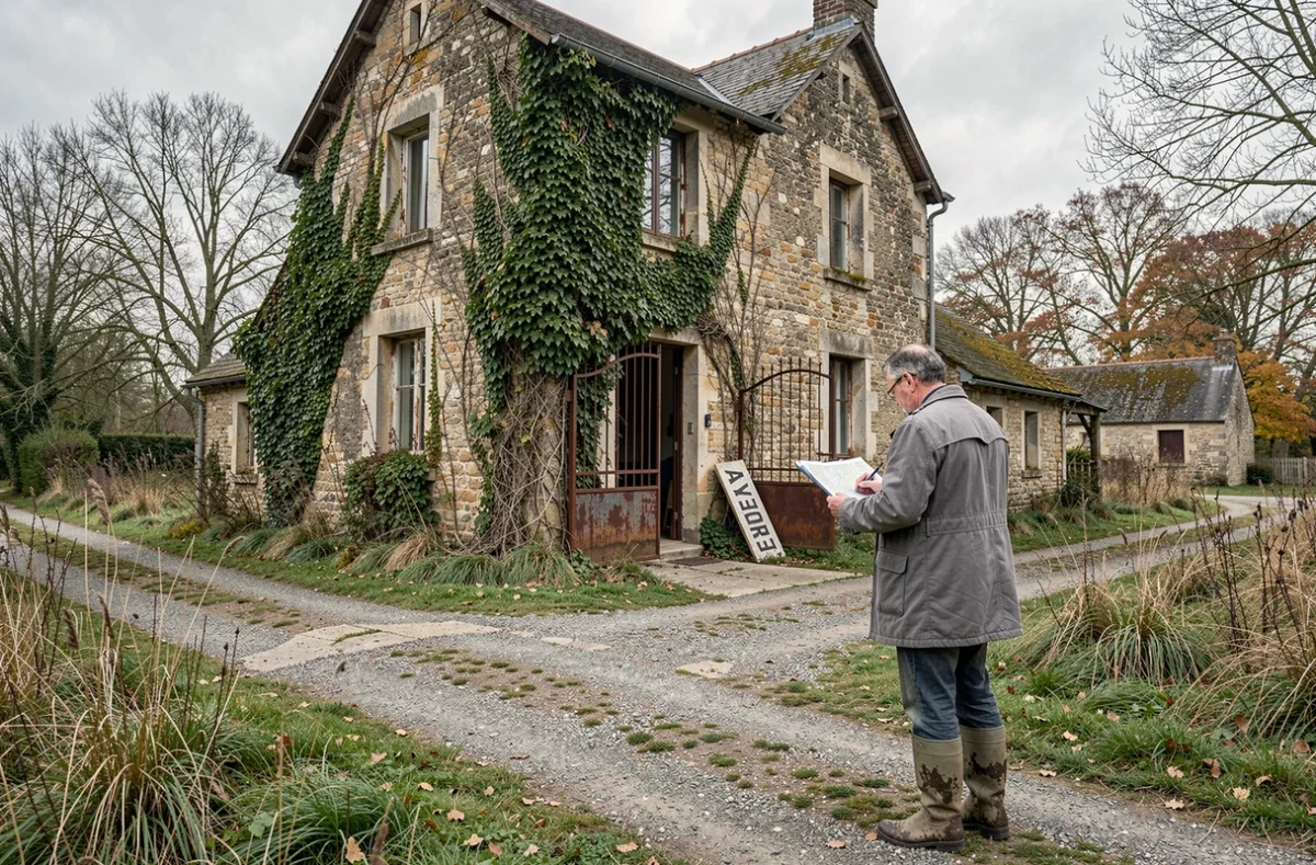 Homme inspectant une maison abandonnée à vendre en milieu rural avec documents cadastraux