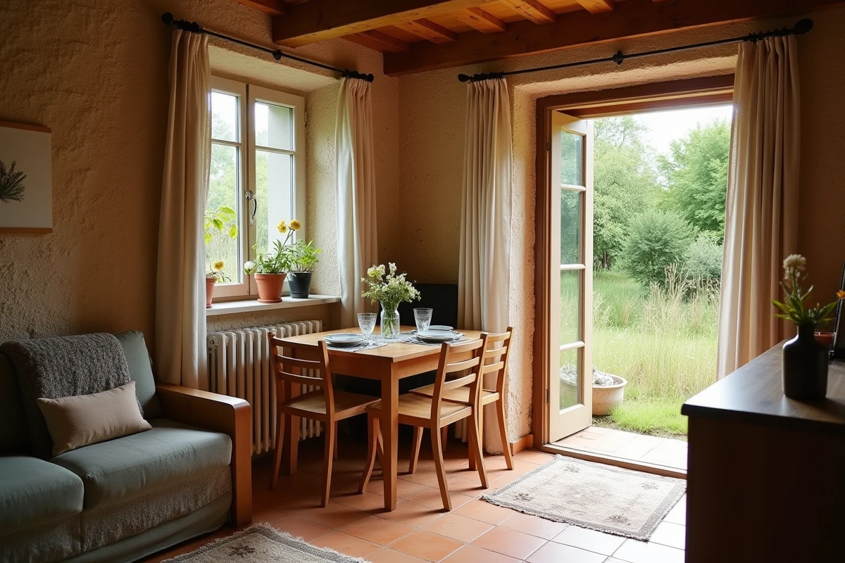 Intérieur chaleureux d'une petite maison à louer avec jardin dans le Puy-de-Dôme