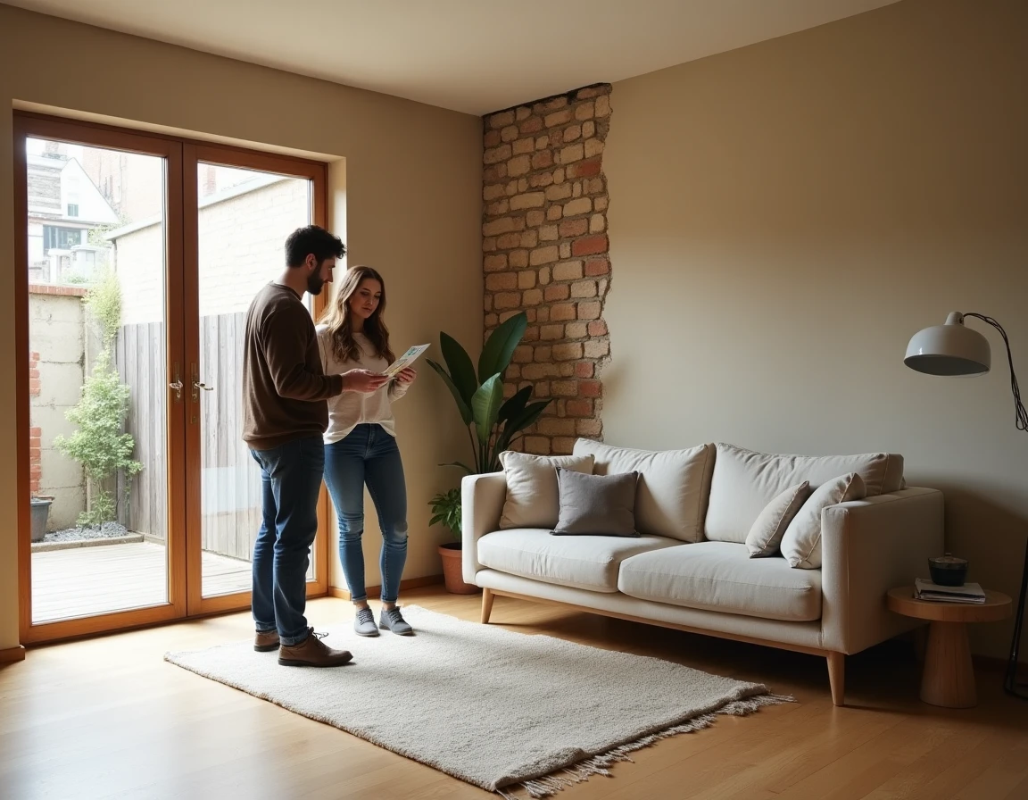 Intérieur rénové d'une maison en mâchefer avec mur en pierre de laitier apparent conservé comme élément décoratif et couple inspectant les matériaux de rénovation