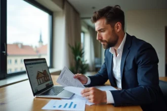 Investisseur immobilier à Lyon consultant une estimation de loyer sur ordinateur portable avec vue sur la ville