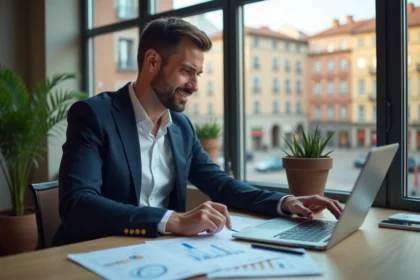 Investisseur immobilier professionnel analysant des documents de rentabilité sur ordinateur dans un bureau moderne à Toulouse