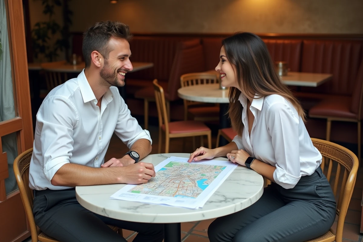 Deux investisseurs immobiliers discutant d'une estimation de loyer autour d'une carte de Lyon dans un café typique