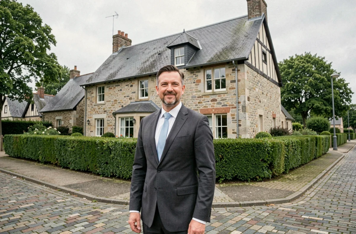 Conseiller immobilier de Jadero Immobilier devant une maison normande traditionnelle en pierre avec pan de bois dans une commune de Seine-Maritime
