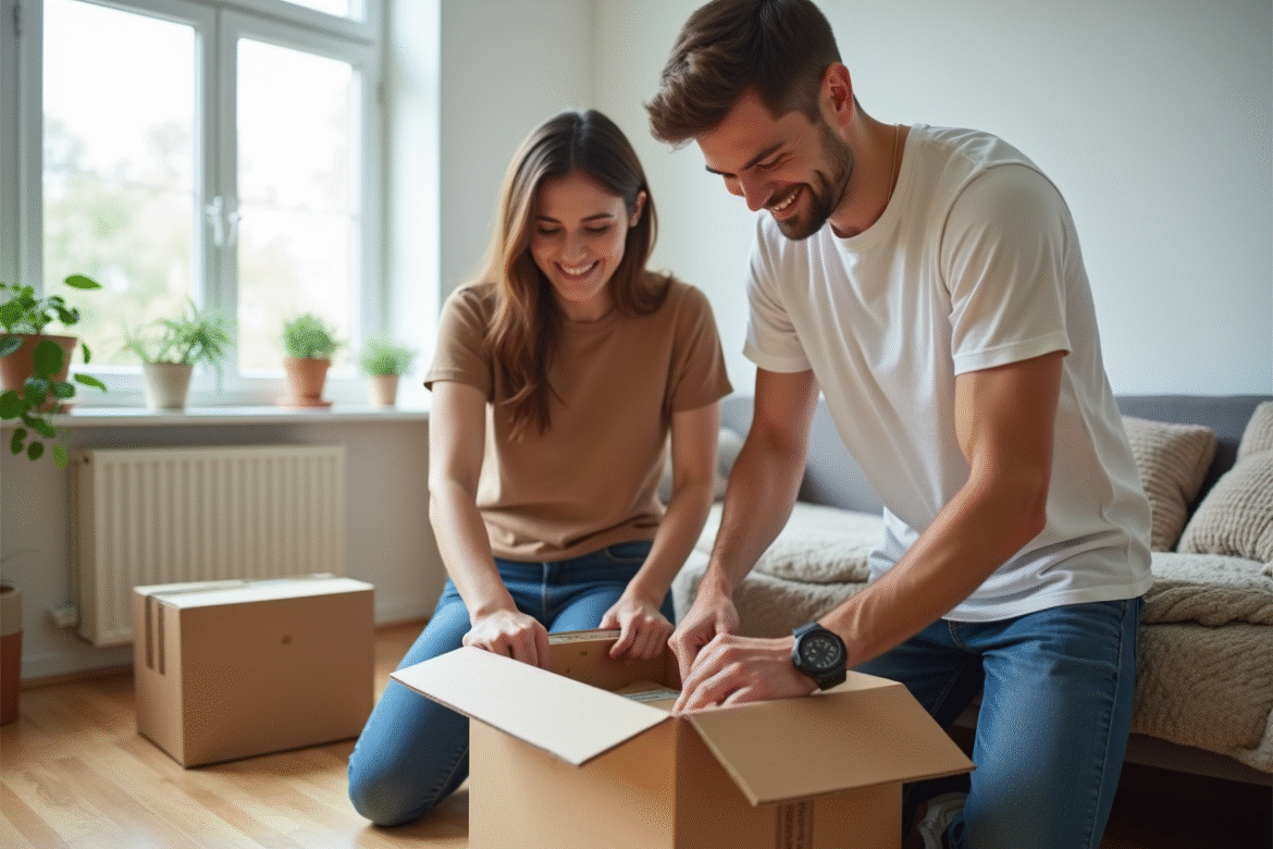 Jeune couple souriant en train de tapisser des cartons dans un appartement