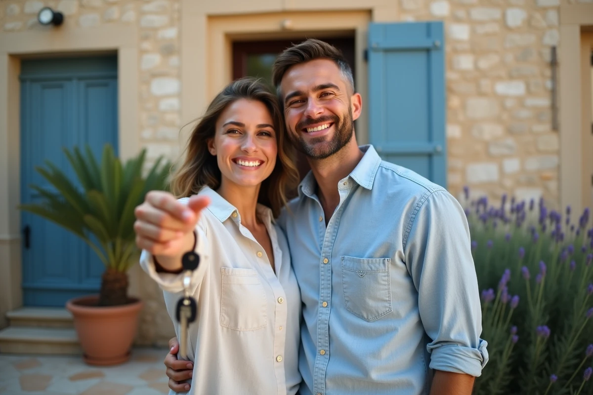 Jeune couple souriant devant une maison à Béziers avec clés