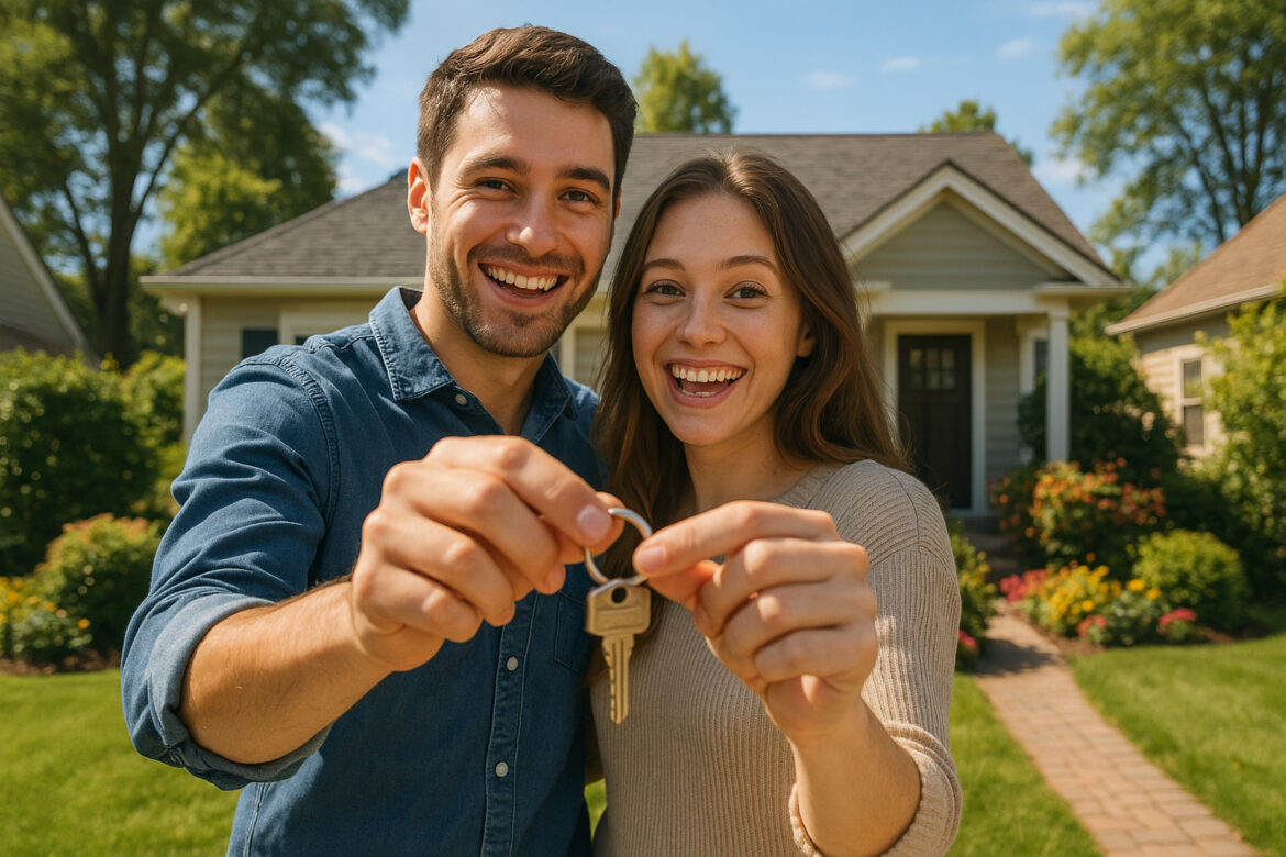 Jeune couple heureux avec clés devant maison charmante