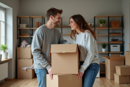 Jeune couple organisant des cartons dans un appartement moderne