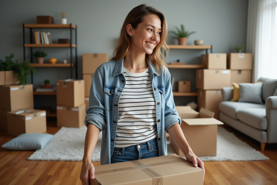Jeune femme emballant des cartons dans un appartement moderne