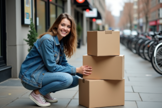 Jeune femme souriante vérifiant des cartons de déménagement dehors