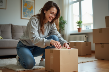 Jeune femme emballant une box de déménagement dans un salon moderne