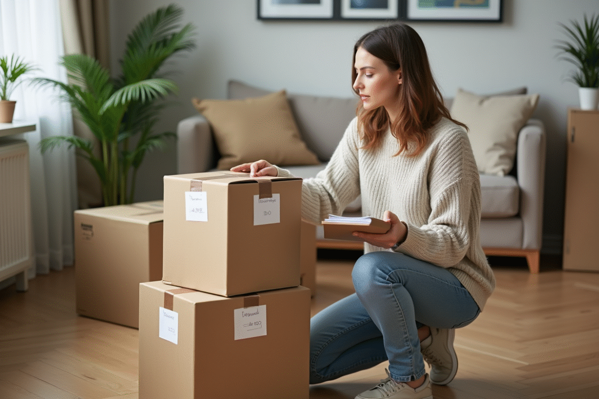Jeune femme examine des cartons dans un salon organisé