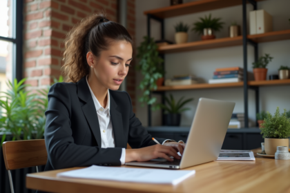 Jeune femme professionnelle recherche logement en ligne