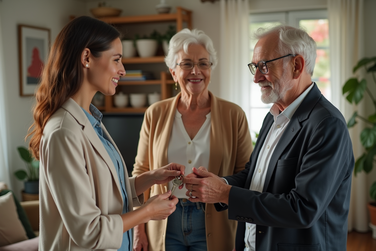 Jeune femme remettant des clés à un couple dans un salon chaleureux
