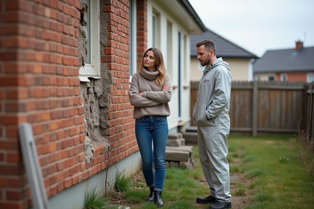Jeune femme examinant une façade endommagée d