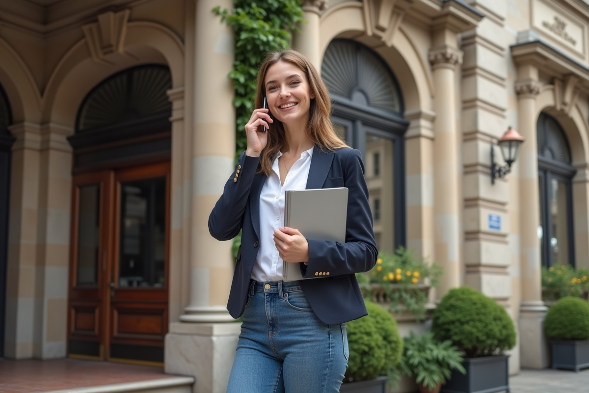 Jeune femme professionnelle parlant au téléphone devant un bâtiment historique