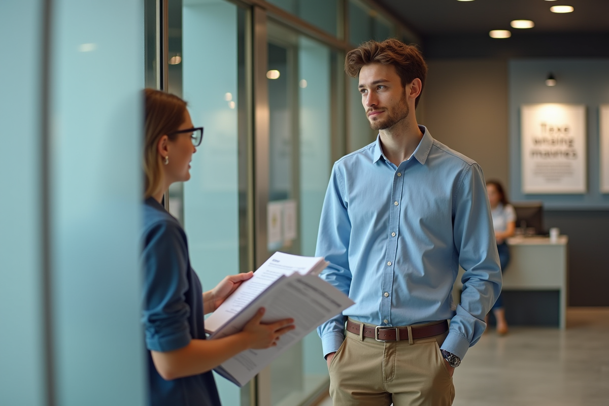 Jeune homme français discutant avec un agent à la mairie