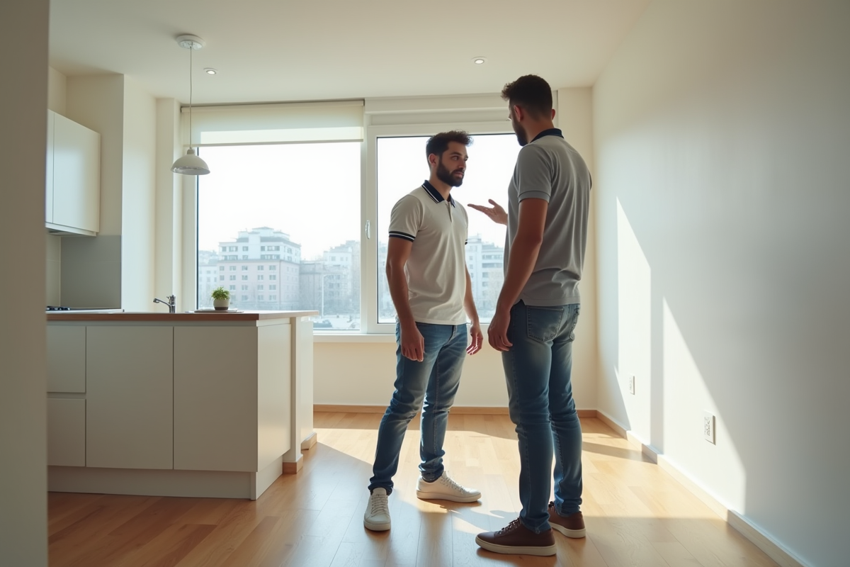 Jeune homme montrant un appartement à un locataire potentiel