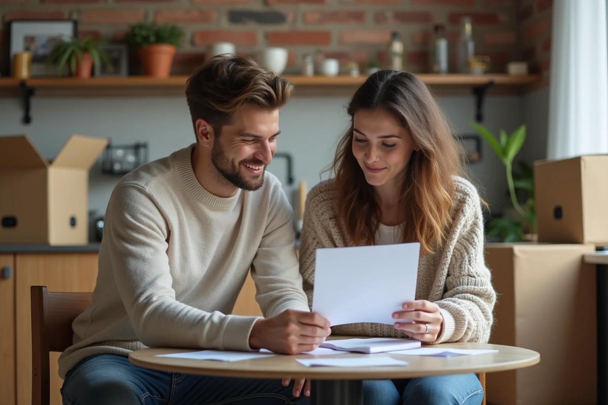 Jeune couple regardant des papiers dans un studio chaleureux