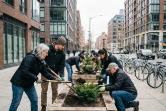 Groupe de jeunes et seniors plantant des arbustes en ville