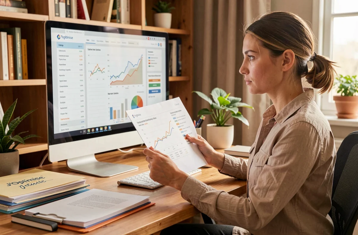 Conseillère J'optimise.com analysant un plan d'optimisation de prêt immobilier à son bureau