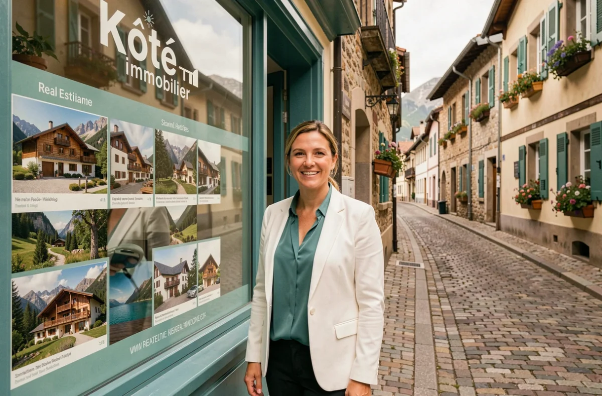 Agente de Kôté Immobilier devant la vitrine colorée de l'agence dans une rue pittoresque des Pyrénées