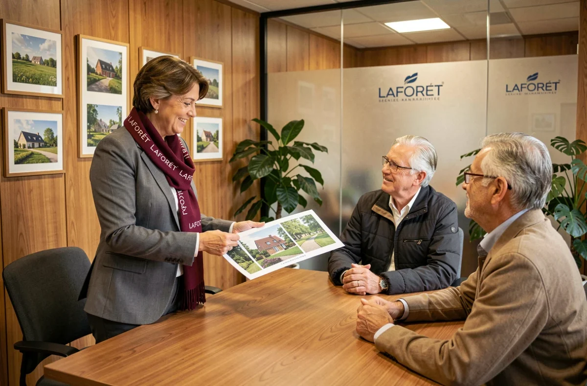 Agente Laforêt en foulard bordeaux présentant une brochure immobilière à un couple lors d'une consultation dans une agence chaleureuse de Seine-Maritime