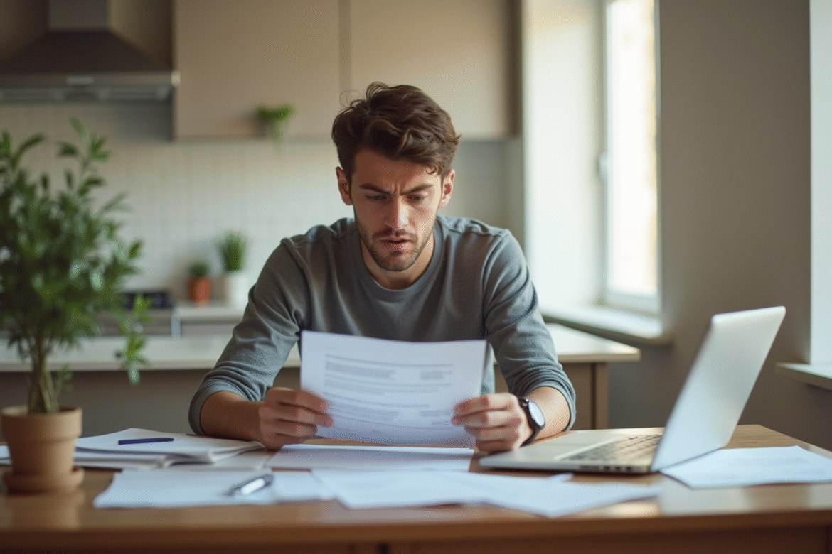 Jeune locataire inquiet avec papiers et ordinateur dans une cuisine lumineuse