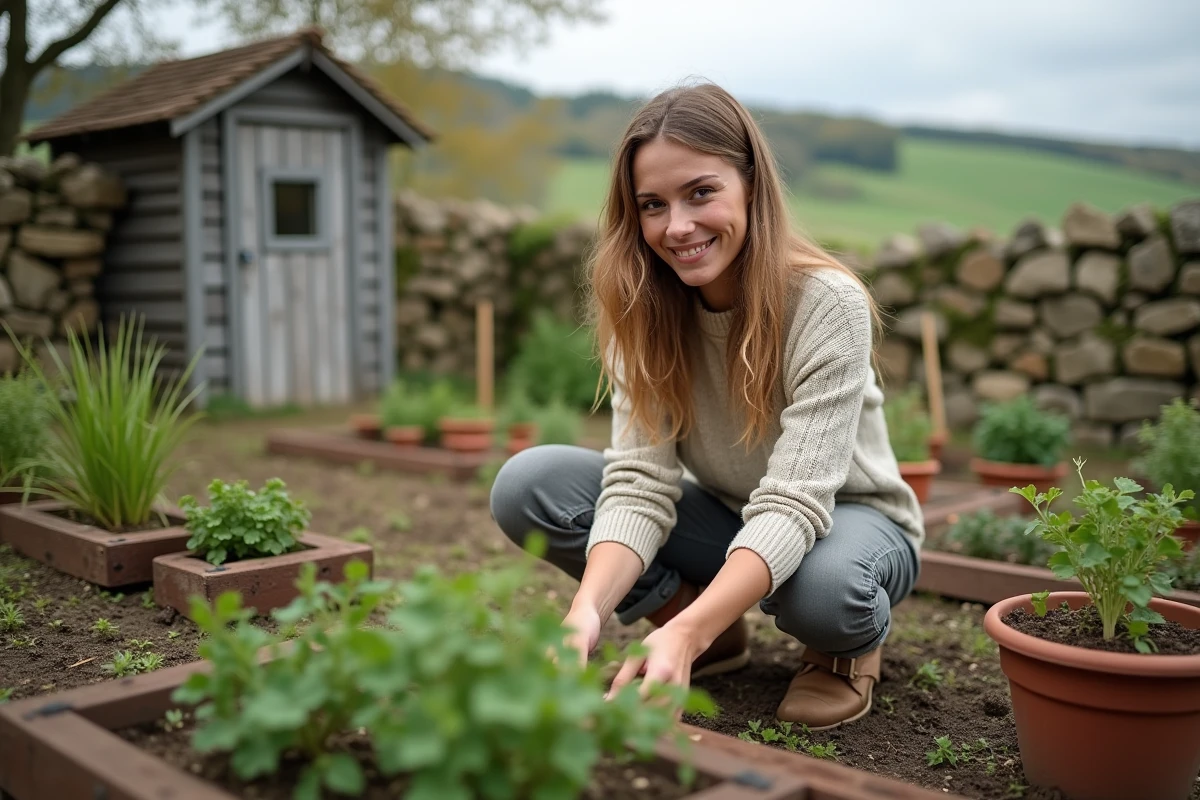 Femme entretenant le jardin d'une location de maison rurale en Auvergne Puy-de-Dôme
