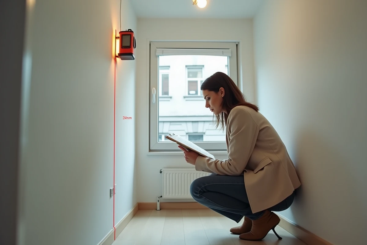 Locataire mesurant une chambre trop petite avec un télémètre laser pour prouver la non-conformité aux normes de location