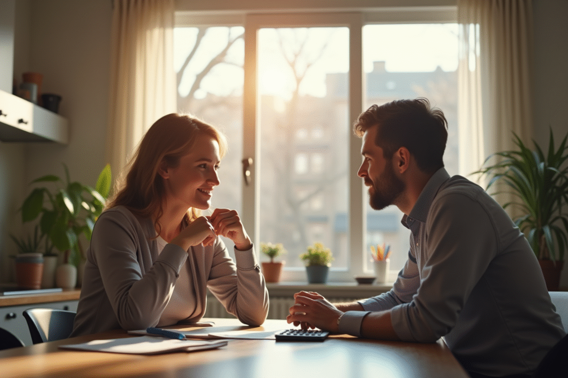 Locataire et propriétaire discutent dans une cuisine lumineuse