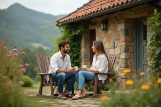 Couple de jeunes locataires profitant du jardin d'une petite maison en pierre dans le Puy-de-Dôme