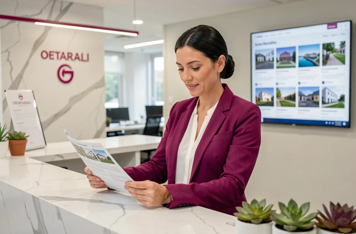 Consultante immobilière de Magenta Immo dans un bureau moderne et épuré avec affichage de propriétés en Seine-Maritime