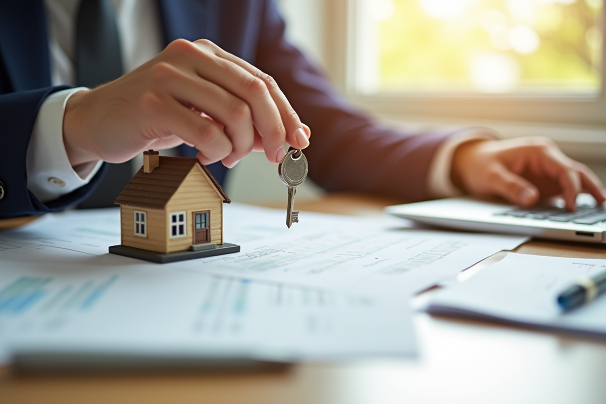 Main tenant une petite maison et une clé sur un bureau lumineux