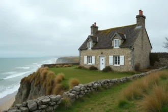Maison en pierre normande au bord d'une falaise calcaire avec vue sur la mer de la Manche, risque de submersion et érosion côtière en Normandie