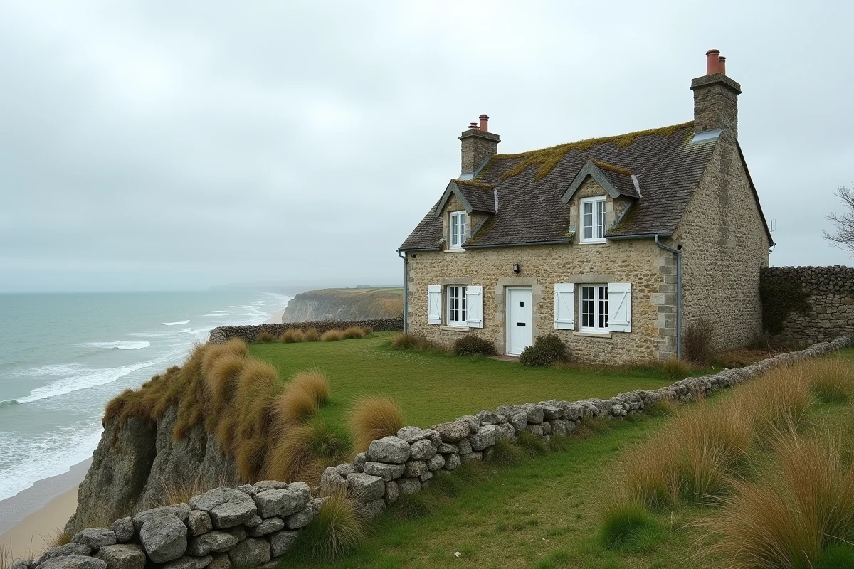 Maison en pierre normande au bord d'une falaise calcaire avec vue sur la mer de la Manche, risque de submersion et érosion côtière en Normandie