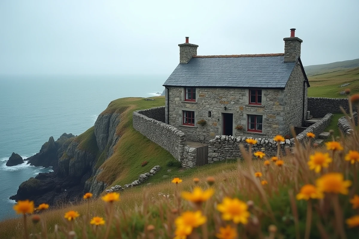 Maison en pierre bretonne avec vue mer sur une falaise côtière, résidence secondaire typique de Bretagne