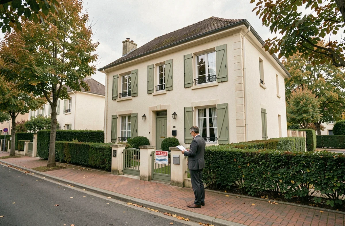 Maison individuelle française avec panneau à vendre et agent immobilier consultant une estimation de prix